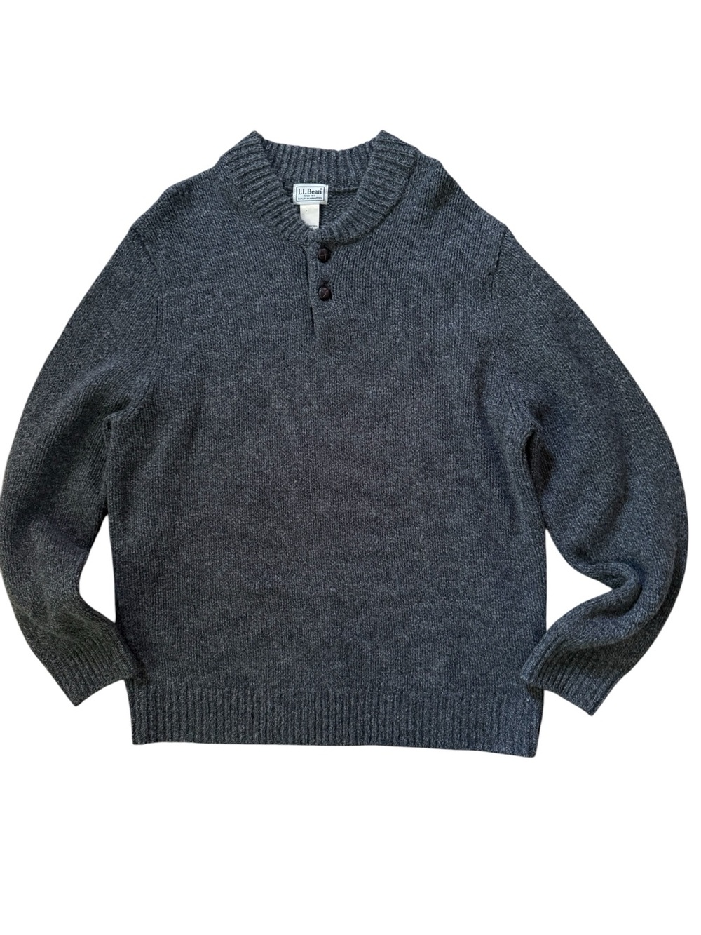 L.L. Bean Men Classic Ragg Wool Shawl Collar Henley Sweater Large Reg Dark Grey